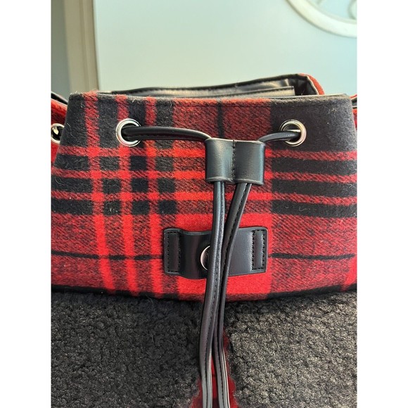 BEARPAW Faux Shearling Trim Drawstring Backpack, Red and Black Buffalo Plaid main image 13